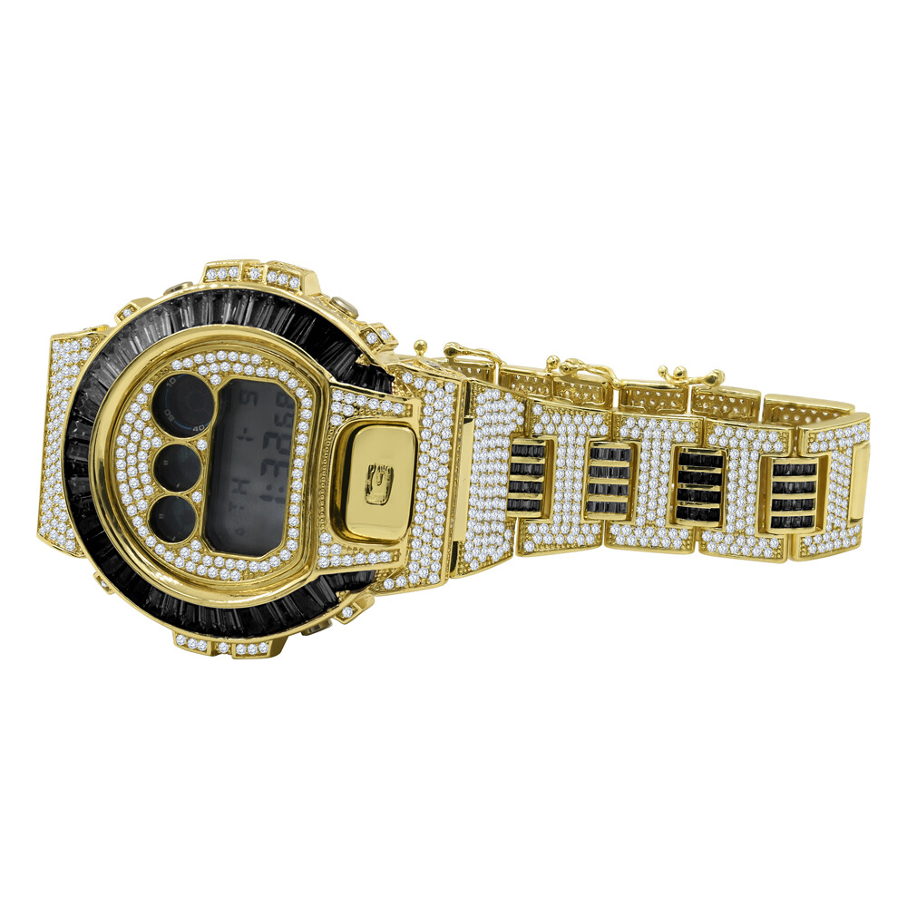 Pre-owned Usdiamondking Baguette Onyx Black 14k Gold Finish Casio Shock Authentic Dw-6900 Custom Watch