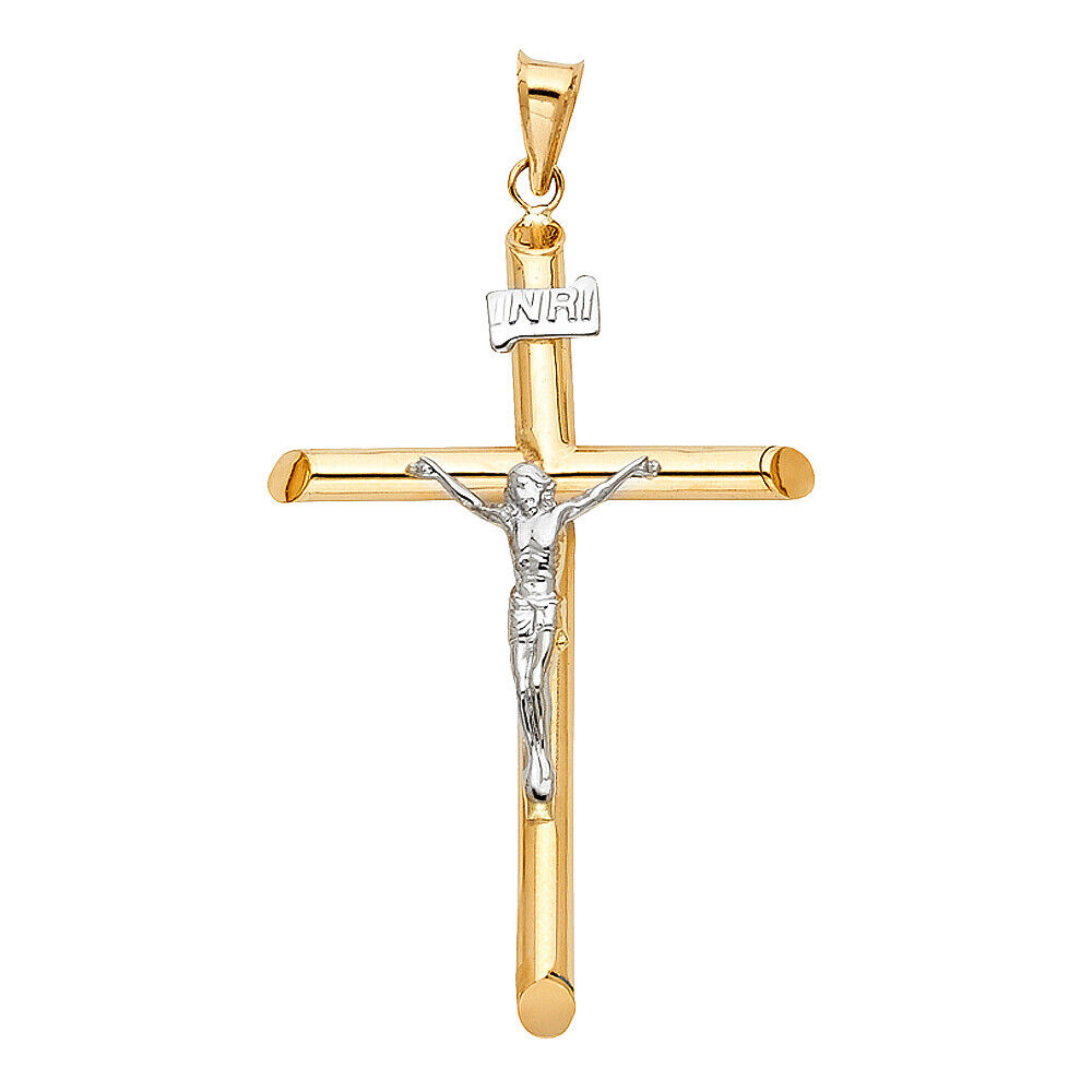 Pre-owned Tgdj 14k Two Tone Gold Crucifix Jesus Cross Charm Pendant 2.25 Inch