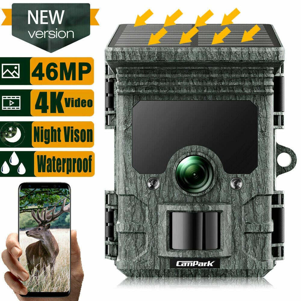 Solar WiFi Trail Camera 4K 46MP Bluetooth Wildlife Hunting Game Cam Night Vision