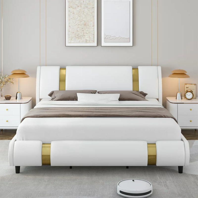 Faux Leather Curved Headboard Wooden Slat King