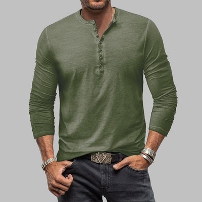 Mens Henley Button Neck T-Shirt Long Sleeve Grandad Solid Tee Tops Pullover