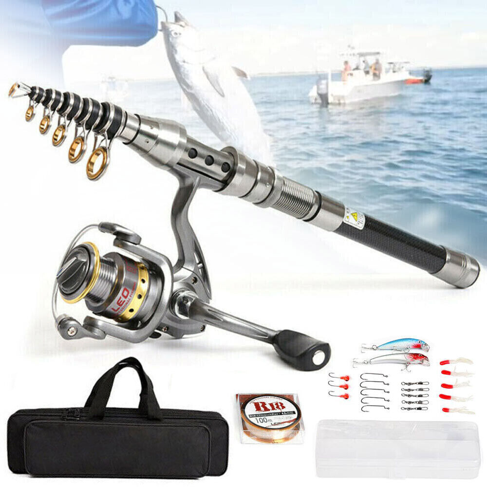 Telescopic Fishing Rod Spinning Pole Reel Combo Full Kit & Lures 100M Line Bag
