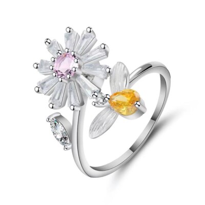 Spinner Fidget Toys anxiety Ring for Adults Women Adjustable CZ Flower Open Ring