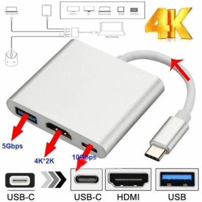 Type C USB 3.1 to USB-C 4K HDMI USB 3.0 Adapter Cable 3 in 1 Hub For Macbook Pro