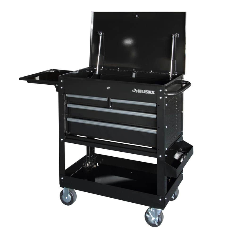 Husky Tool Storage 33 In. Mechanics Cart with Extended Side Table & Bottle Tray