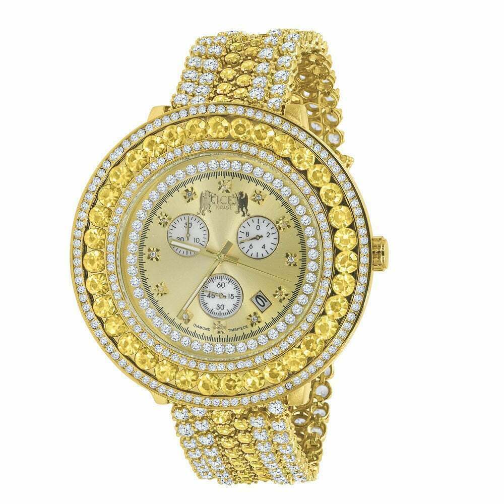Pre-owned Ice House Men's Custom Big Face Xxl Multi Cz Canary & White Remove Able Bezel Wrist Watch