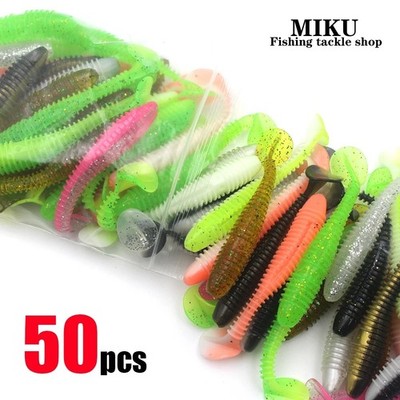 50Pcs Threaded Paddle Tail Soft Plastic Lures, Elastic Fishing Baits