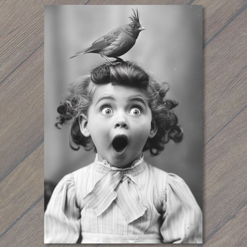 POSTCARD Young Girl With Bird On Head Surprised Funny Giant