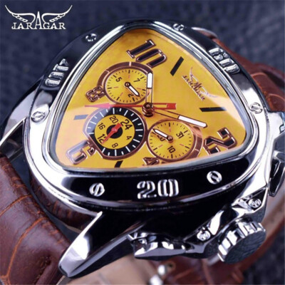 JARAGAR Mens Triangle Automatic Mechanical Watch Leather Calendar Wrist Watches