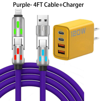 4in1 USB C Cable 240w Fast Charging Wall Charger /Car Charger For Samsung iPhone
