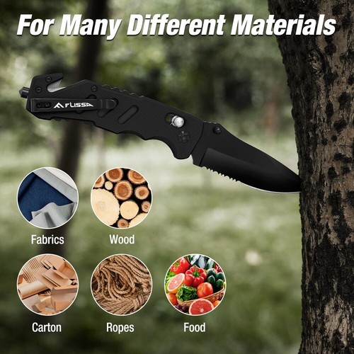 FLISSA Folding Pocket Knife Glass Breaker Seatbelt Cutter Survival Knife w/Clips