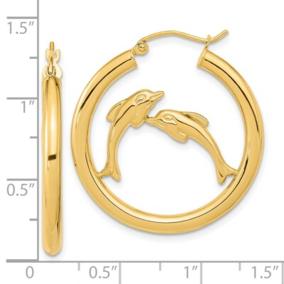 Pre-owned Superdealsforeverything Real 14kt Yellow Gold Polished Dolphins Hoop Earrings