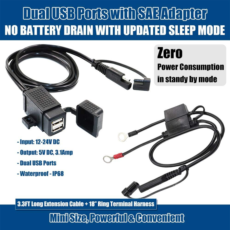 MP0609EA 3.1Amp Waterproof Motorcycle Dual USB Charger Kit SAE to USB Adapter Ca