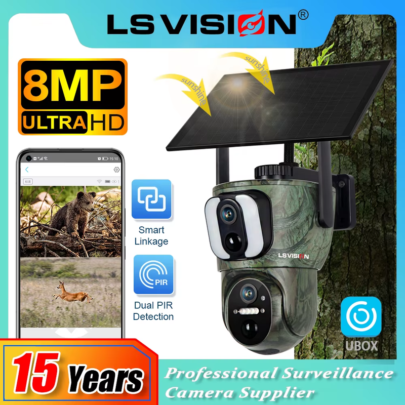 LS VISION 8MP Dual Screen Solar Security Camera 4K 4G/WiF Solar Monitor Camera P