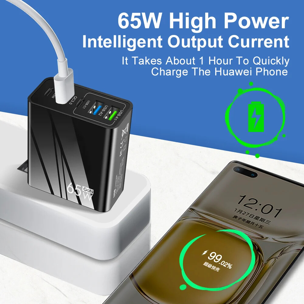 5 Port 65W GaN Charger USB-C PD Type C UK Plug Fast Wall Charger Power Adapter