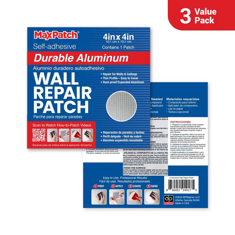 Wall Repair Patch 4x4in 3 Pack MaxPatch Aluminum Self Adhesive Drywall Repair