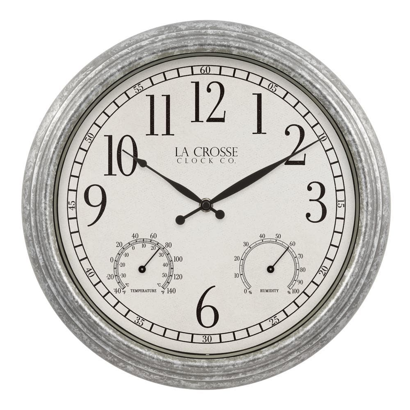 Galvanized Wall Clock Indoor/Outdoor Temperature Humidity Weather Resistant