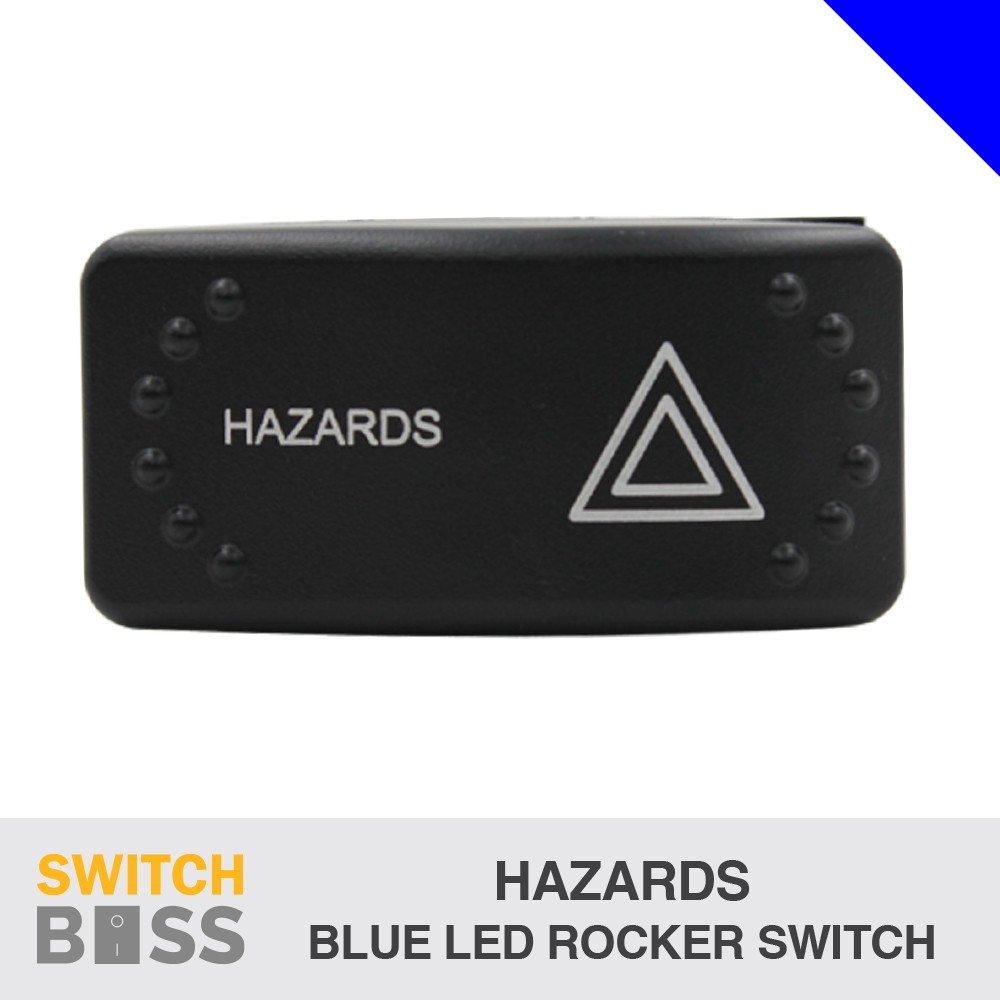 Hazards LASER ETCHED Horizontal Rocker Switch Blue LED 12v 24v Toggle