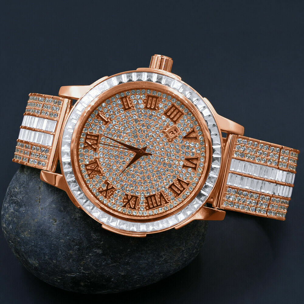 Pre-owned Ice House Roman Numeral Dial Rose Gold Custom Solid Steel Baguette Bezel Band Men's Watch