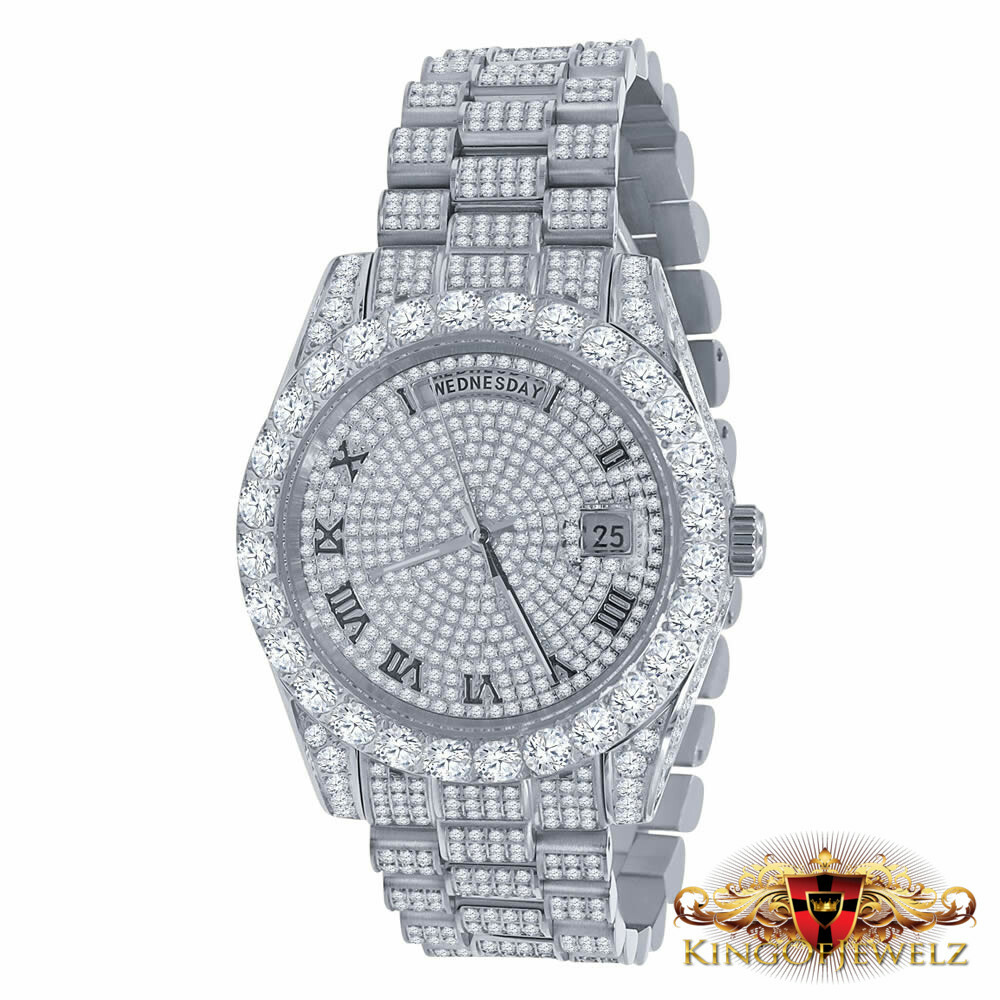 Pre-owned Bling Master 18k White Gold Finish Solid Stainless Steel Day Date Roman Dial Solitaire Bezel