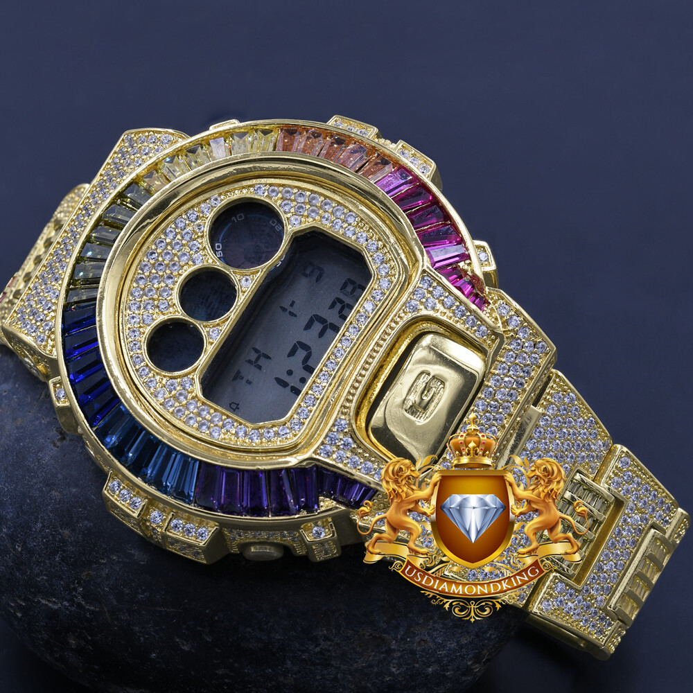 Pre-owned Usdiamondking Baguette Rainbow Multi Gold Finish Casio Shock Authentic Dw-6900 Custom Watch