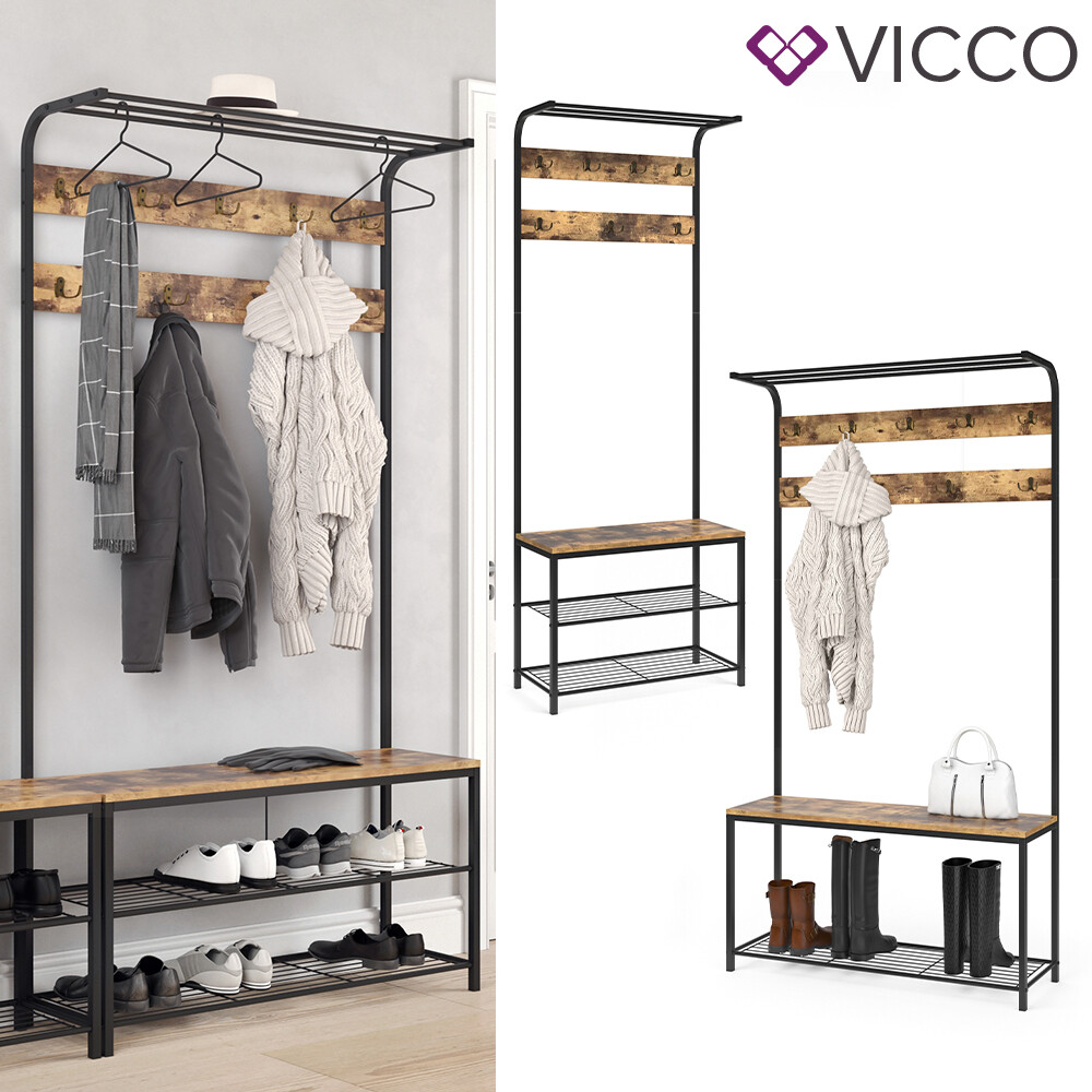 VICCO Garderobenständer FYRK Garderobe Schuhregal Kleiderständer mit Sitzbank 