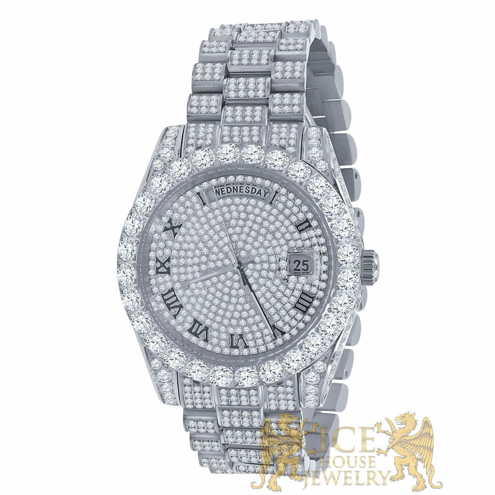 Pre-owned Bling Master Solid Stainless Steel Solitaire Roman Dial 18k White Gold Day & Date Men's 40mm