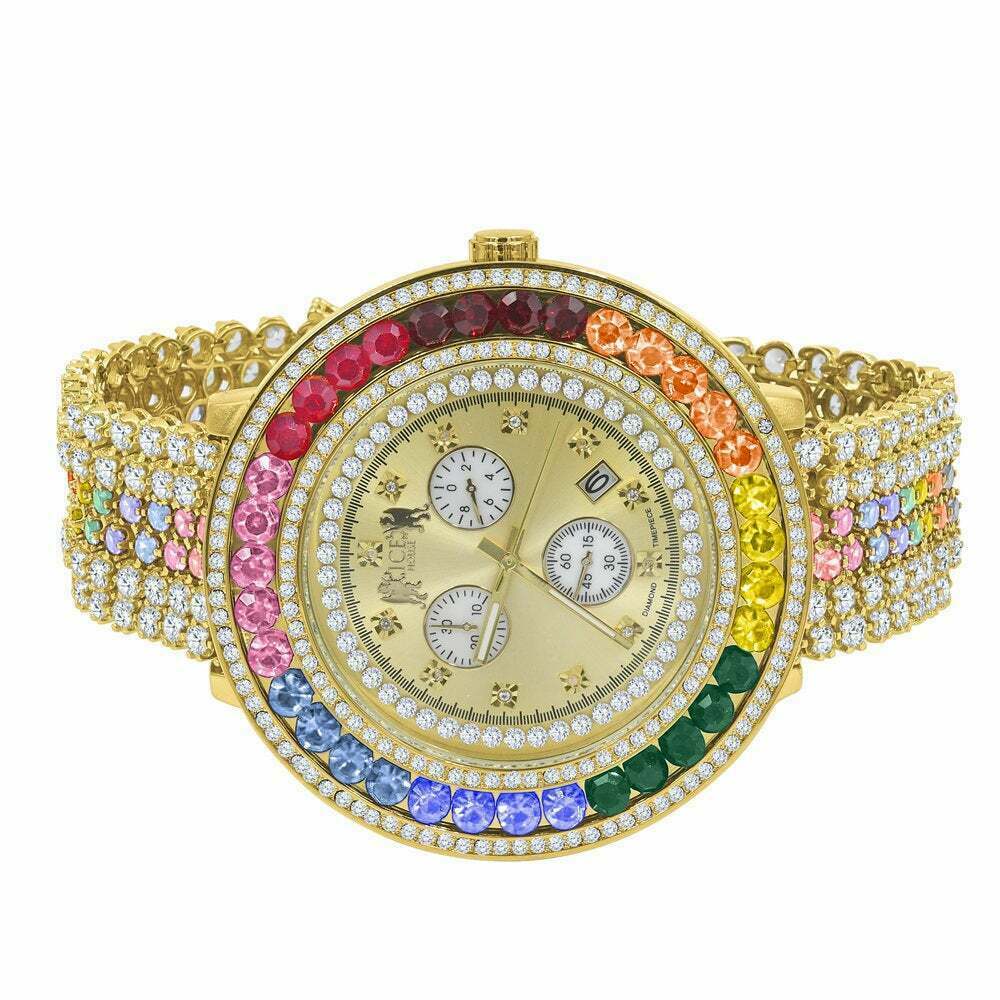 Pre-owned Ice House Men's Custom Big Face Xxl Multi Color Cz Band & Remove Able Bezel Wrist Watch