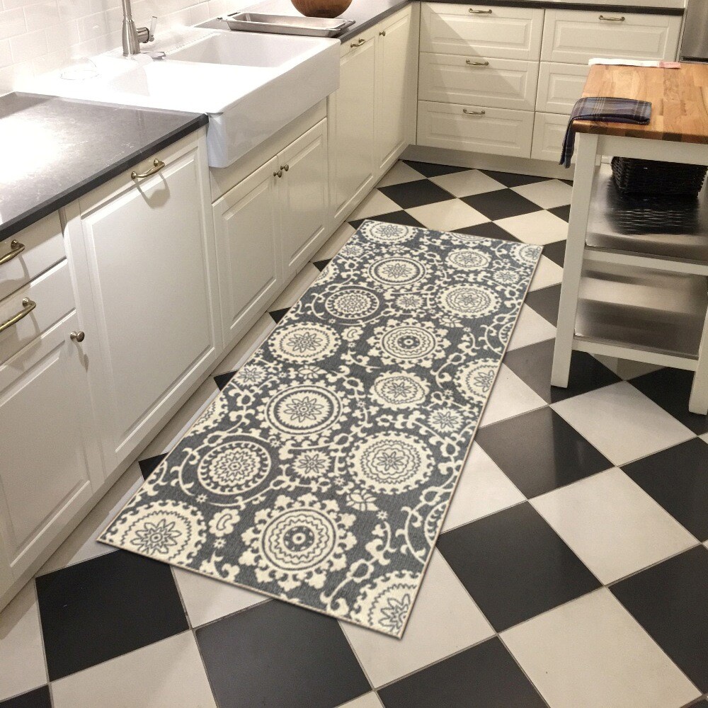 Custom Size Stair Hallway Runner Rug Rubber Back Non Slip Grey Floral Medallion