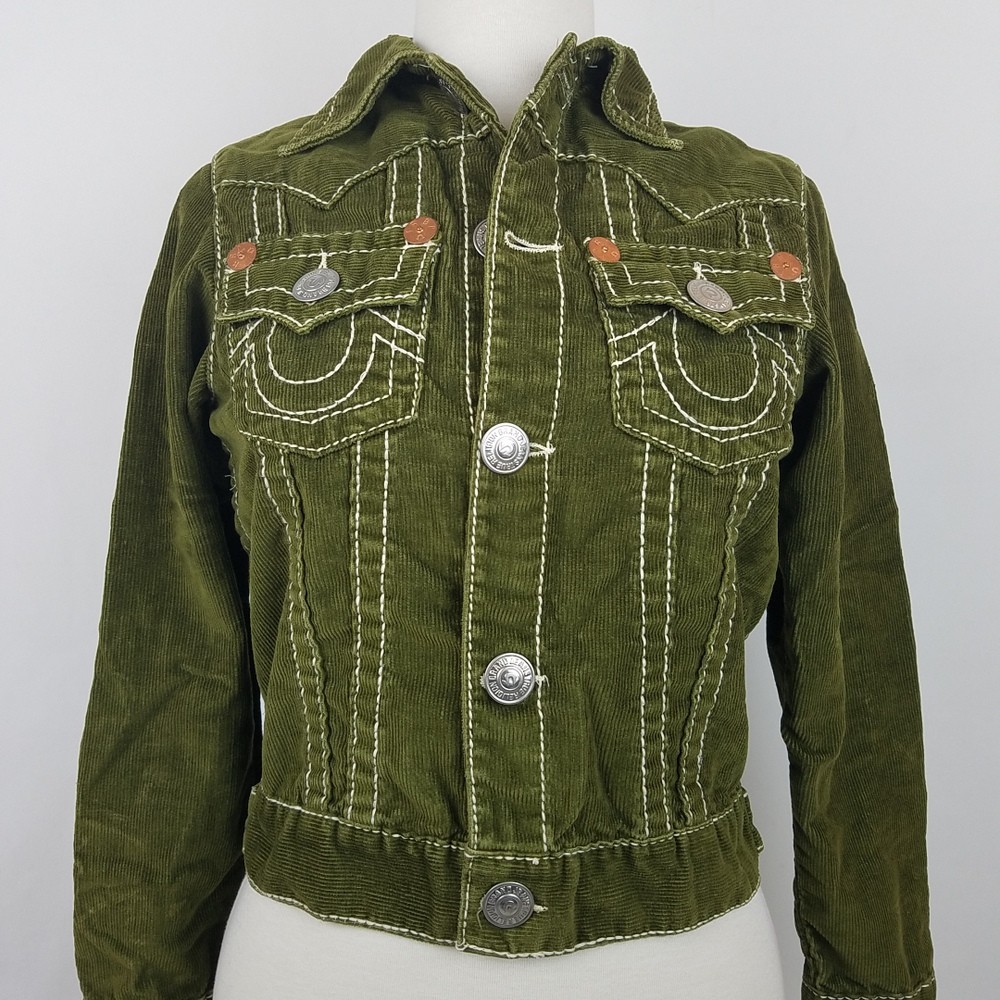 True Religion Jacket Girls Jimmy Corduroy Size Large Coat Contrast Stitch Green