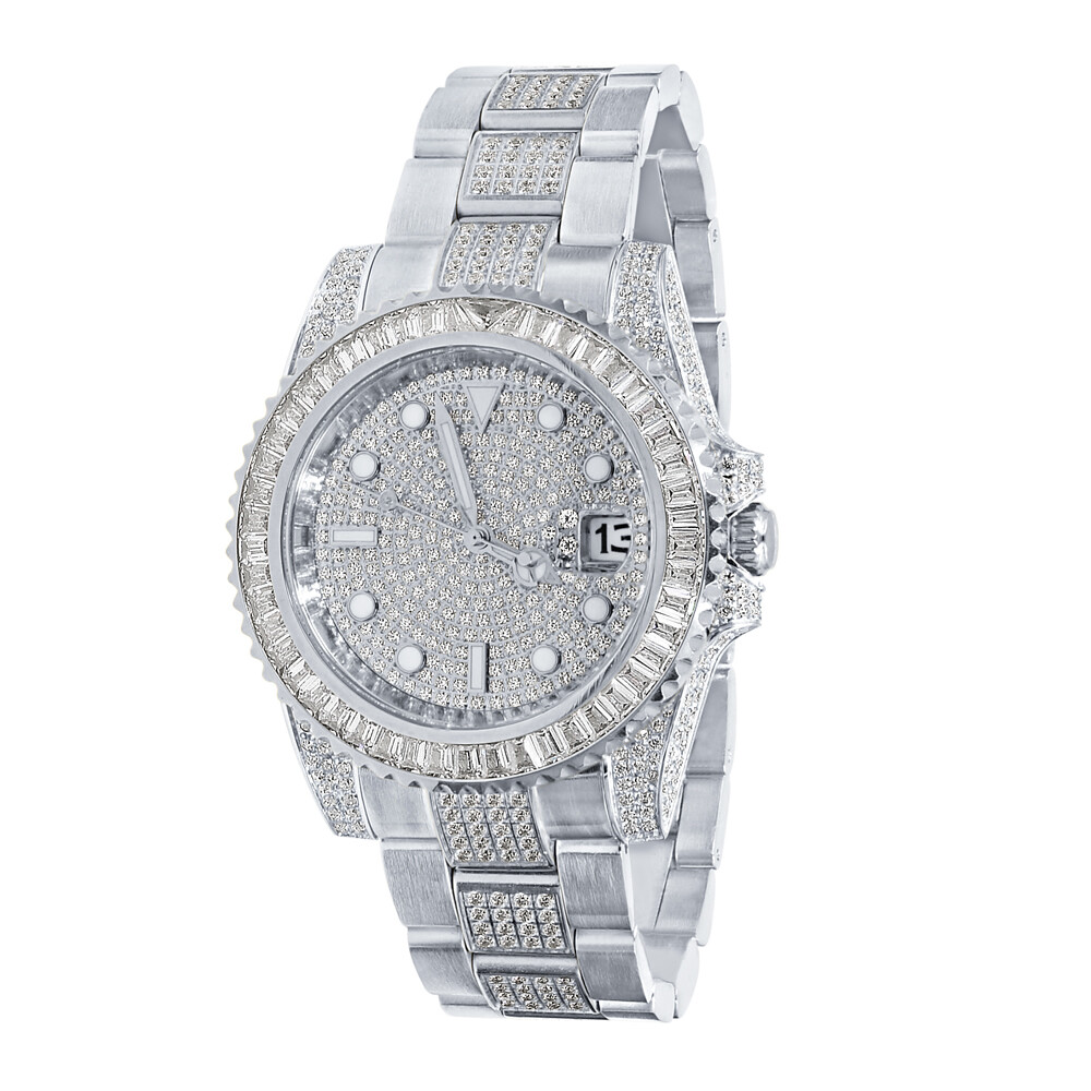 Pre-owned Bling Master 18k Solid Steel White Gold Baguette Simulated Diamonds W/date 40 Mm Men's Watch