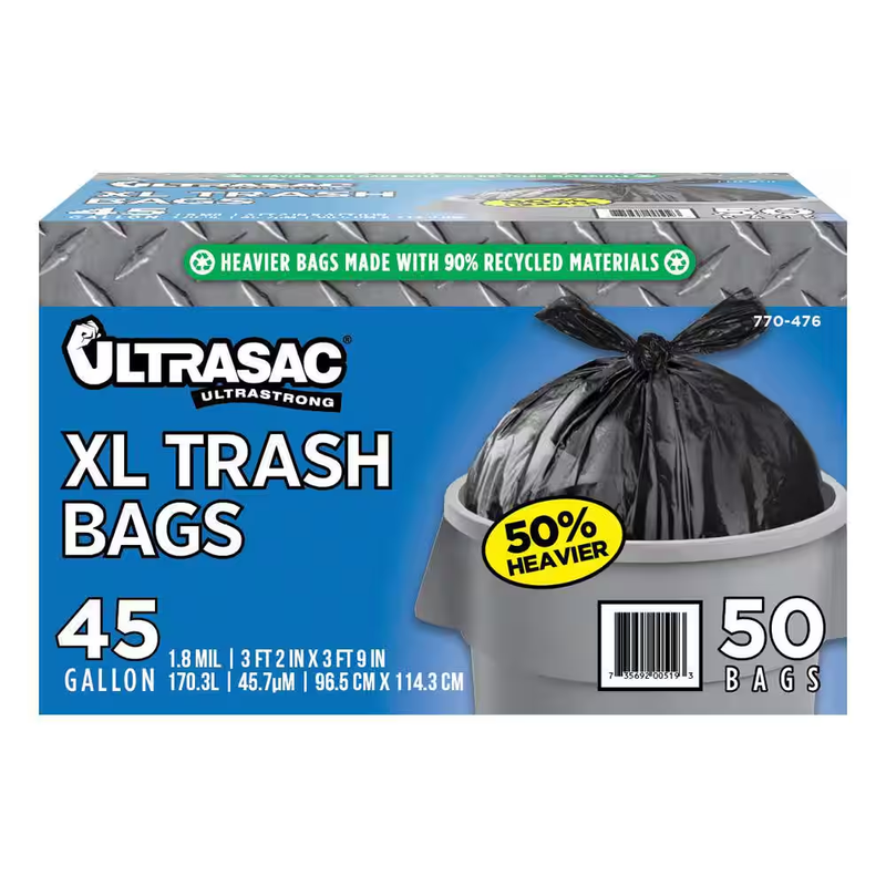 Ultrasac Trash Bags 45 Gallon Extra Large Heavy Duty 1.8 Mil Contractor 50 Count
