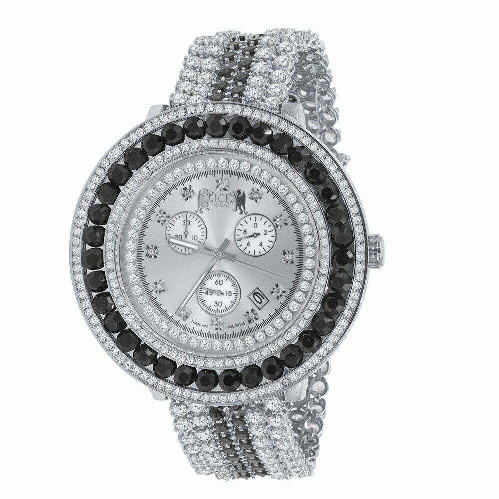 Pre-owned Ice House Big Xl 60mm Custom Watch White Gold Finish Real Diamond Dial Onyx Black Bezel