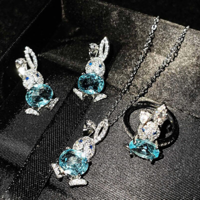 Cute Rabbit Set 3pcs Titanic Ocean Blue Topaz Silver Necklace Earrings Ring New