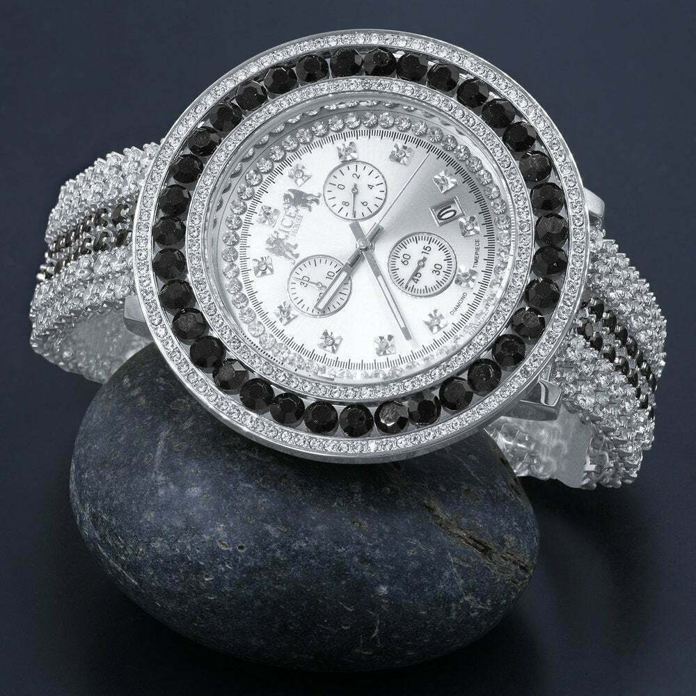 Pre-owned Ice House Big Xl 60mm Custom Watch White Gold Finish Real Diamond Dial Onyx Black Bezel