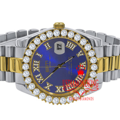 Pre-owned Bling Master 18k 2 Tone Gold Solid Steel Blue Dial Simulated Diamond Presidential Mens Watch