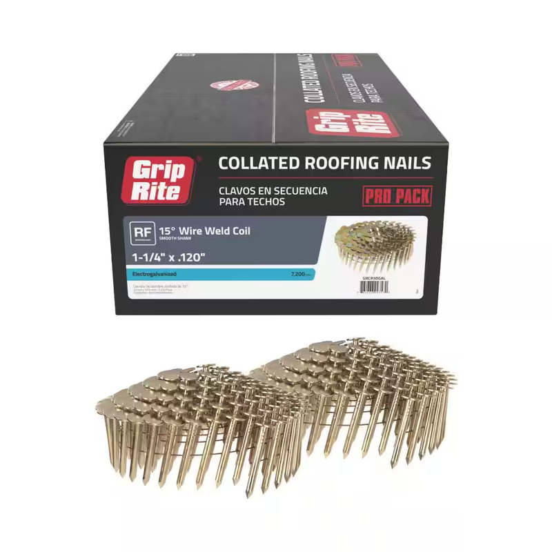 Coil Roofing Nails 1 1/4 Inch 15 Degree Wire Collated Smooth Shank 7200 Pack Gal