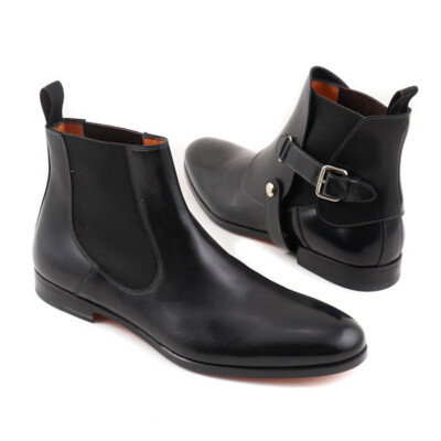 Pre-owned Santoni $1295  Fatte A Mano Black Chelsea Boots W/ Buckle Detail Us 6.5 Shoes