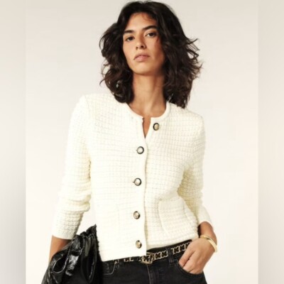 NEW Ba&sh Bash Gaspard Tweed Cardigan Jacket in Ecru Cream White  | size 2 / M