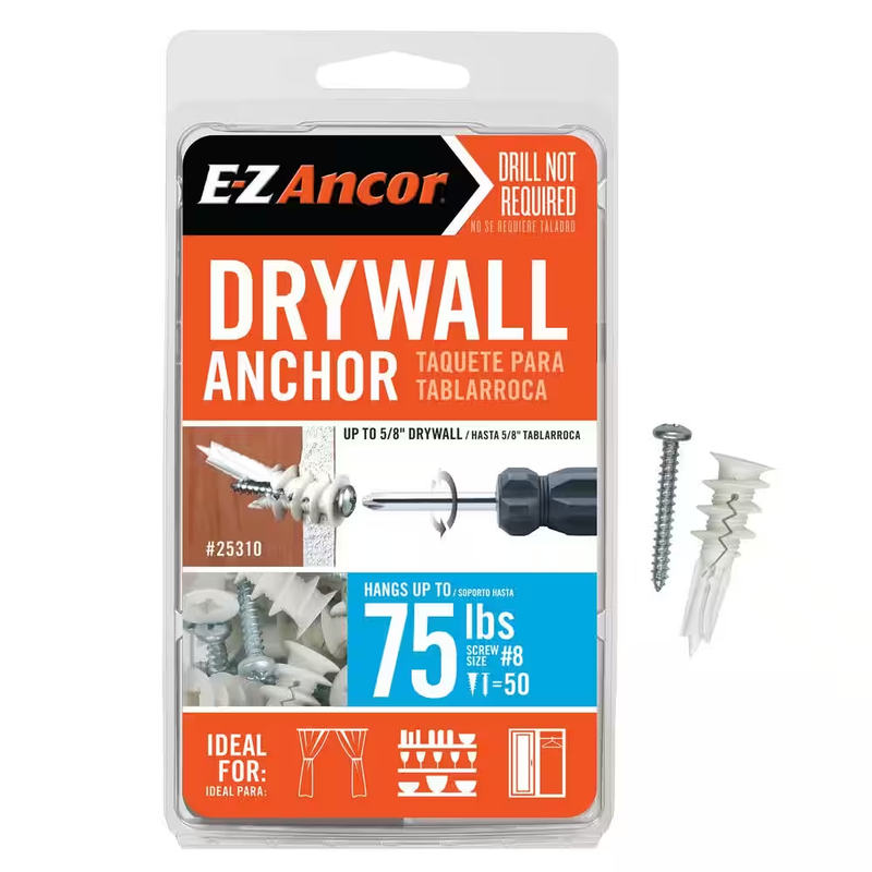 E Z Ancor Drywall Anchors Screws 75 lb Self Drilling Nylon Wall Anchors 50 Pack