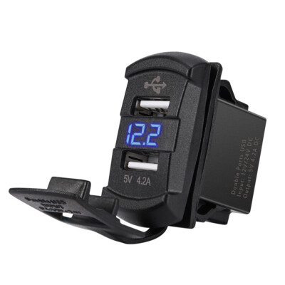 12V Dual USB Charger Voltmeter Rocker Push Switch Marine Boat Blue LED Car Truck