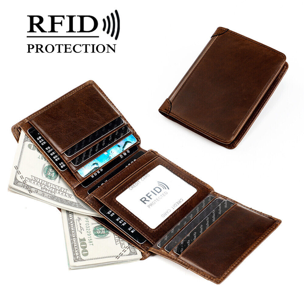 Genuine Leather RFID Blocking Trifold Wallet For Men Slim Minimalist Wallet
