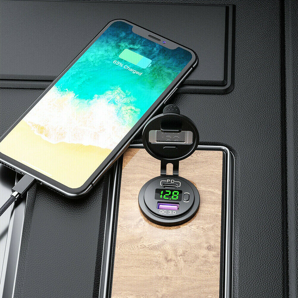 12V QC3.0 Dual USB Car Fast Charger Socket Power Outlet LED Voltmeter Waterproof