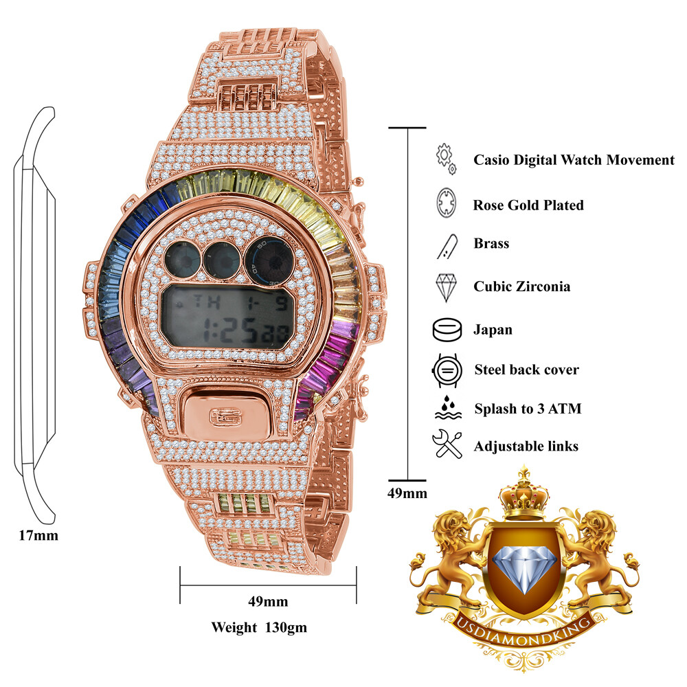 Pre-owned Usdiamondking Baguette Rainbow Multi Rose Gold Casio Shock Authentic Dw-6900 Custom Watch