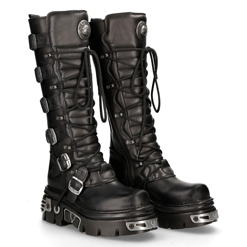 Pre-owned New Rock Rock 272-s1 Black Boots Metallic Goth Knee High Zip Leather Buckle Boots In Gray