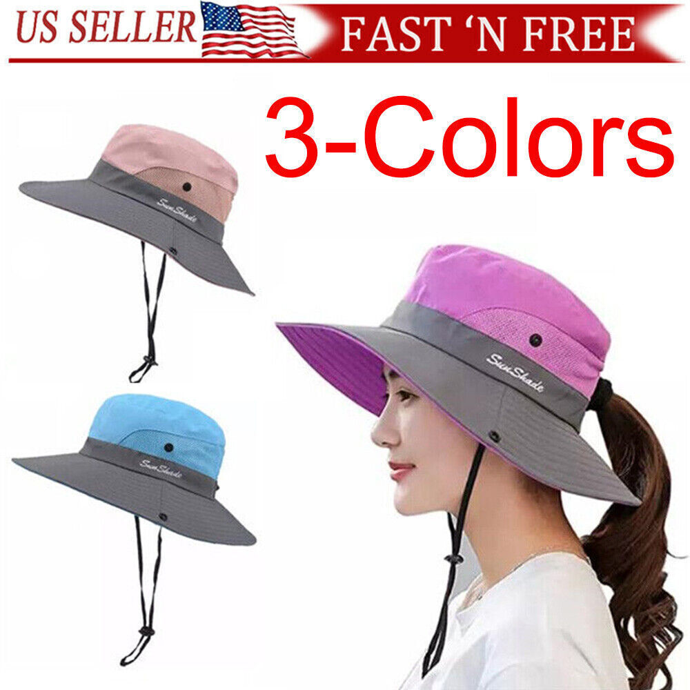 Women's Summer Bucket Hat Sun UV Ponytail Wide Brim Boonie Protection Travel Cap
