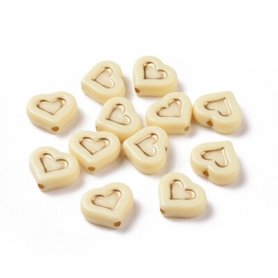 Heart Beads Acrylic Off White Tan Metal Enlaced 13mm Love Jewelry Making Set 10p
