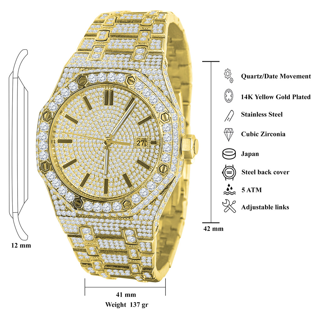 Pre-owned Bling Master Men's Full Steel Baguette Yellow Gold Tone Finish Simulated Diamond 42 Mm Watch