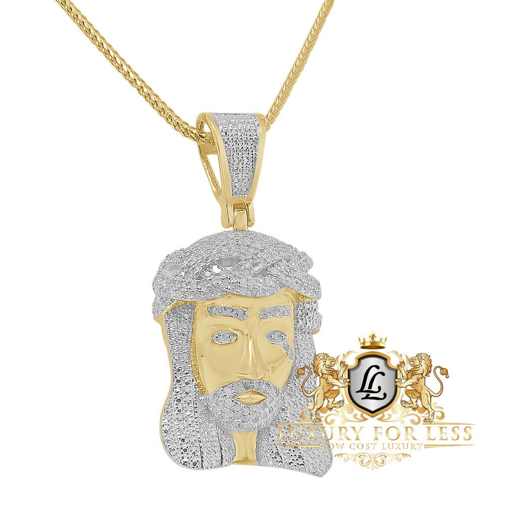 Pre-owned Us Diamond King Real Diamond 0.85 Cwt. Mini Jesus Face Piece 10k Gold Over Charm Pendent +chain In Yellow Gold Finish