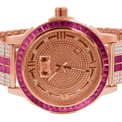 Pre-owned Ice House Custom Band Rose Gold Ruby Red Genuine Diamond Dial Stainless Steel Bezel Watch